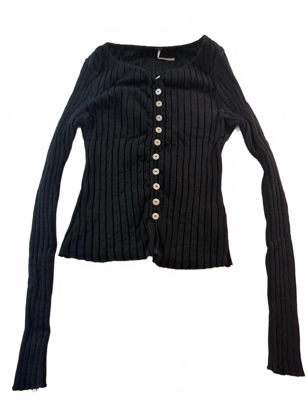 Free People Black Ribbed Long Sleeve Button-Up Cardigan Medium